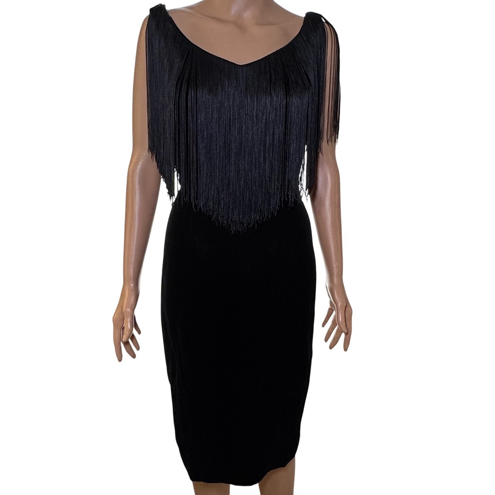 Vintage Jackie Bernard for Eklektic Black Velvet Fringe Cocktail Party Dress‎